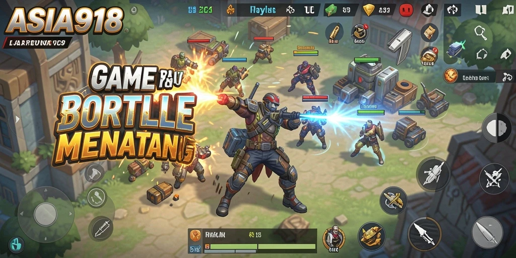 Screenshot gameplay ASIA918 menampilkan pertempuran seru di pulau.