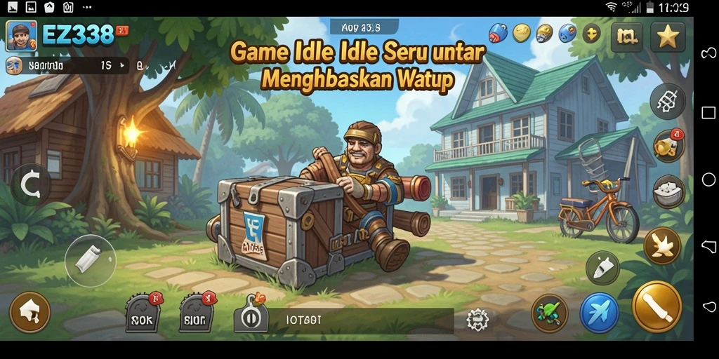 Tangkapan layar gameplay EZ338 menunjukkan karakter yang sedang meningkatkan level dan menyelesaikan misi.
