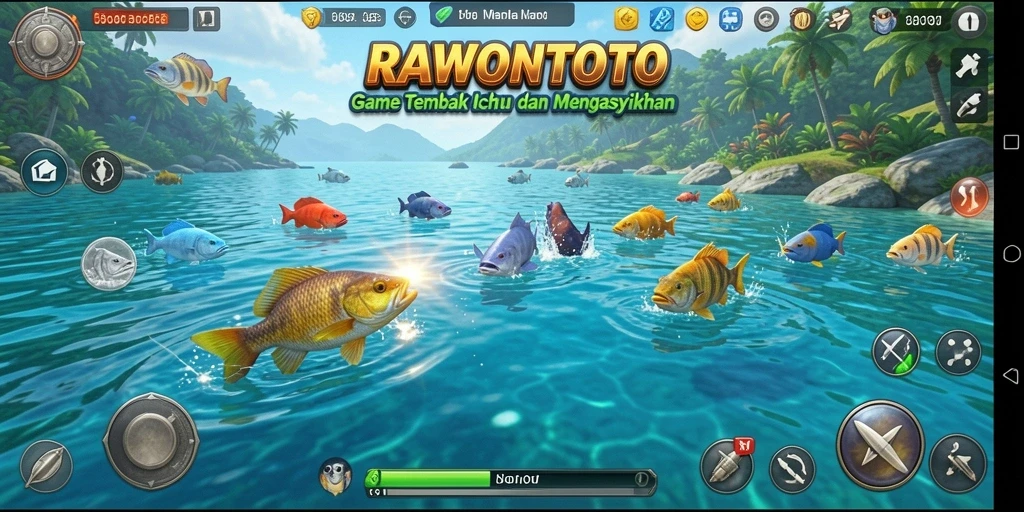 Screenshot utama menunjukkan aksi seru dalam menembak ikan.